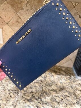 Michael Kors Blue Zip Pouch with Gold Stud Accents